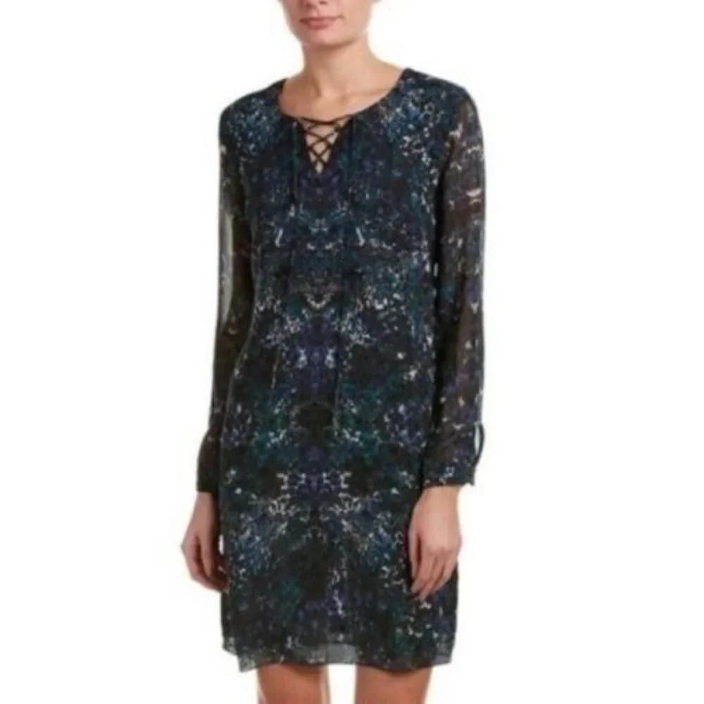 Cabi Blue Printed Chiffon Lace Up Neck #3339 Noel Eternity Dress Medium - Picture 1 of 9